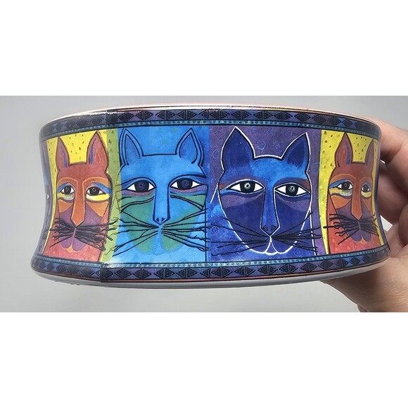 Vtg Laurel Burch Ceramic Cat Food Water Bowl Colorful Whimsical Cat Design 5-1/4 - Picture 4 of 13